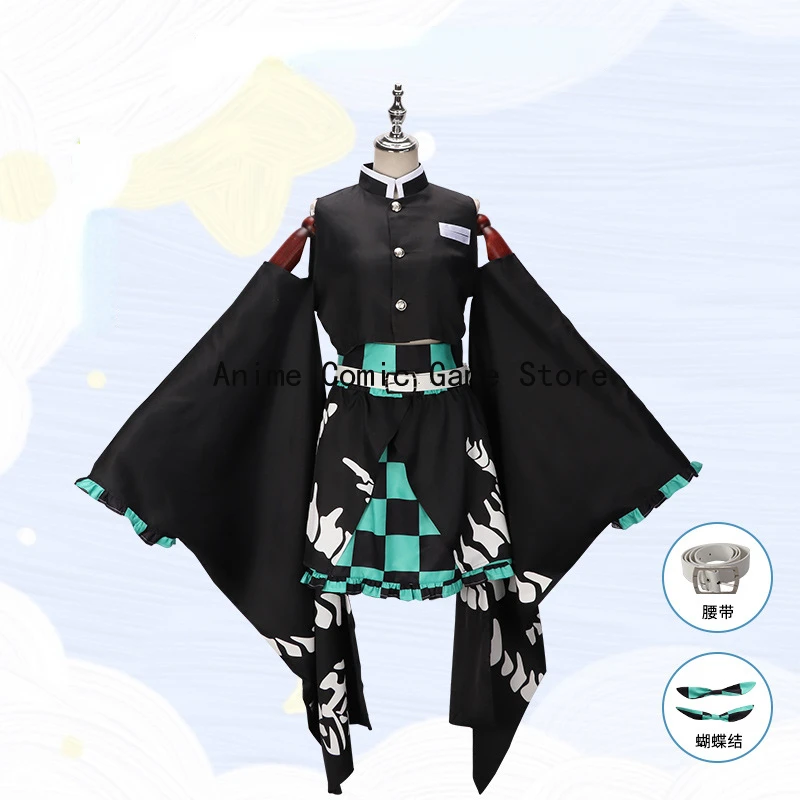 In Stock S-2XL Kamado Tanjiro Cosplay Kimono Earring Tattoo Sticker Anime Cute Japanese Uniform Halloween Party Outfit for Women