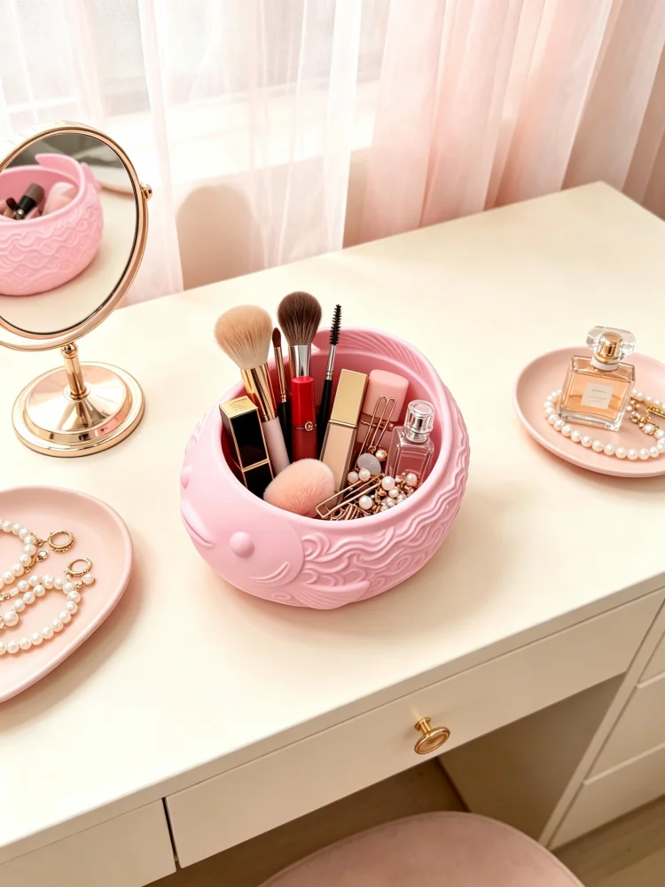 Pink Cute Little Fish Storage Bowl Made of Petg with a Matte Texture and Embossed Wave Pattern, Large Capacity, Wide Opening, Multi-Purpose Desktop Storage Container, Also Serving as a Small Fish-Shaped Pen Holder, Makeup Brush Holder, Jewelry Tray, Can Hold Jewelry, Hair Accessories, Stationery, Small Items, Suitable for Dressing Tables, Bathroom Countertops, Office Desks, Study Tables, Cute Animal-Shaped Desktop Decoration, Home Decor for Girls' Rooms, Creative Gift for Women and Girls view 5