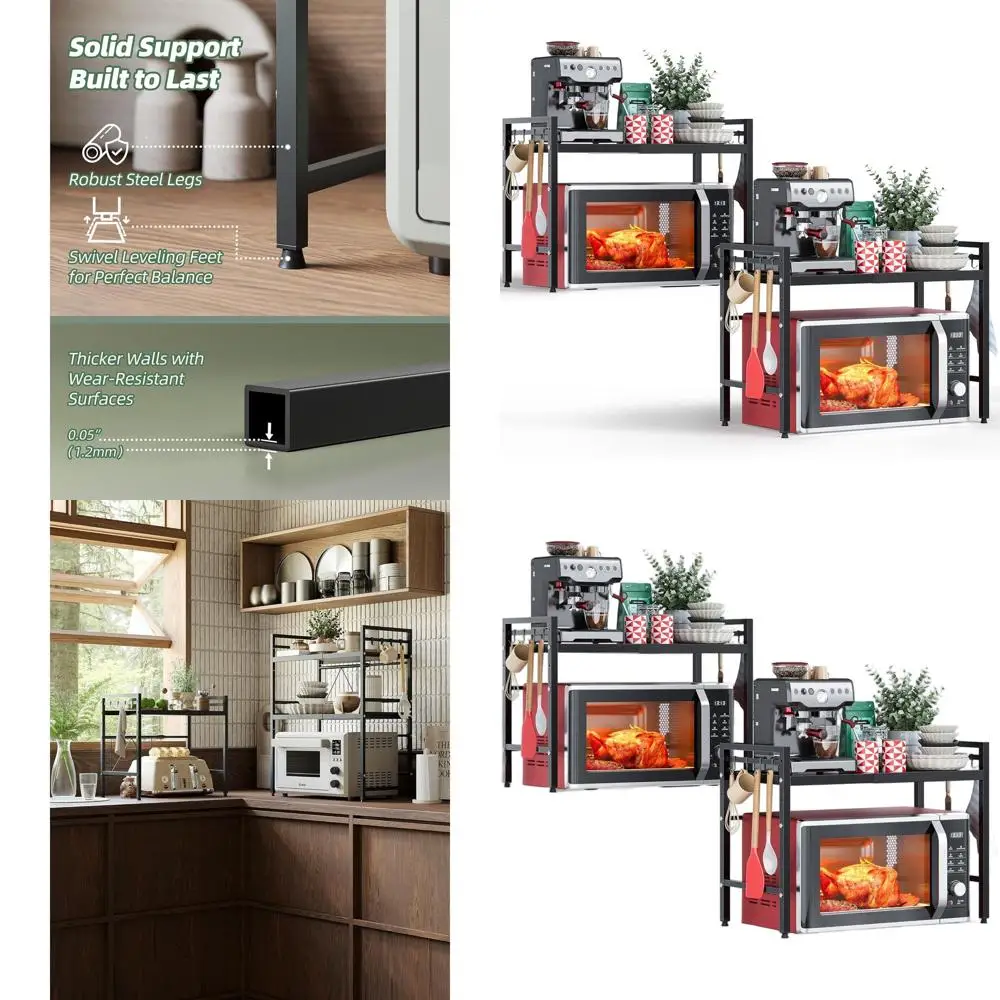 

2-Tier Expandable Metal Microwave Stand with 8 Hooks, Kitchen Countertop Organizer, 55lbs Capacity