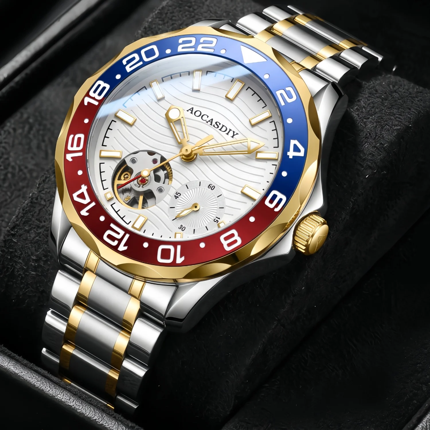 AOCASDIY Men's Mechanical Watch Wave Pattern Dial Skeleton Balance Wheel Window Sports Watch Luminous Index Gift for Friends