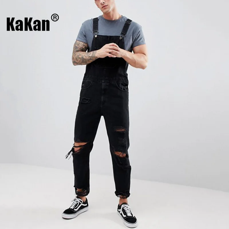 Kakan - European and American New Strap Tears Jeans for Men, Youth Popular Black Super Perforated Long Jumpsuit K34-710