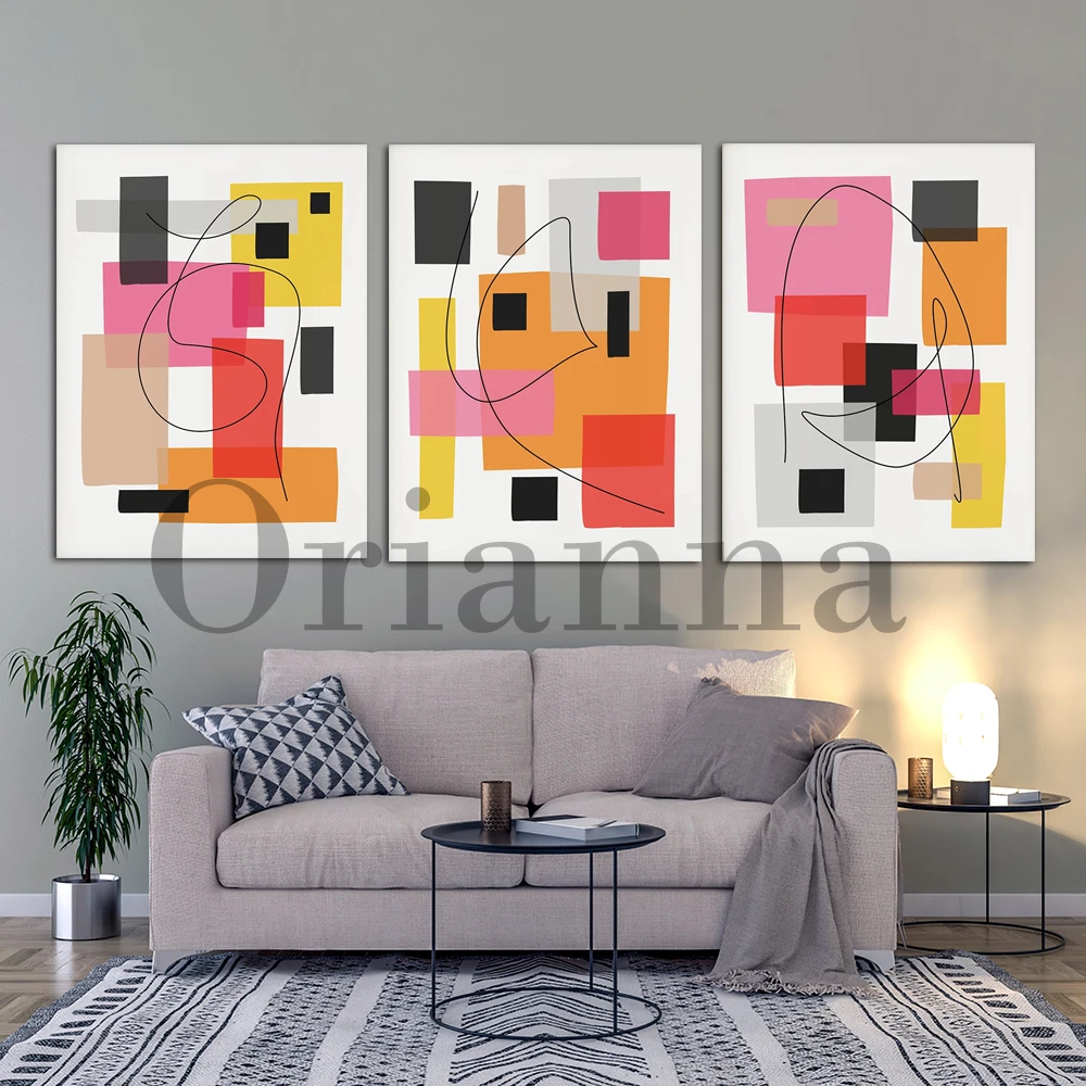 Mid Century Abstract Geometric Red Pink Orange Abstract Art Colorful Shapes Wall Art Prints Posters Living Room Bdecor Painting