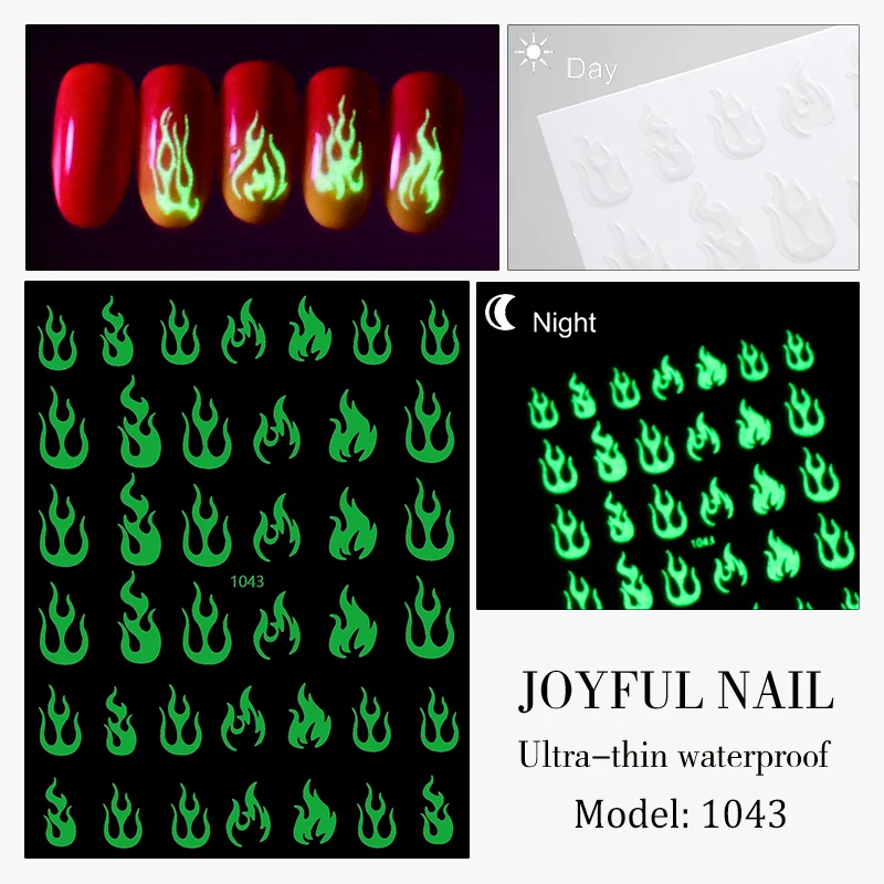 1 Sheet Glow In The Dark Nail Art Sticker Snowflake Flame Old English Alphabet Pentagram Butterfly Line Heart Star Leaf Decals