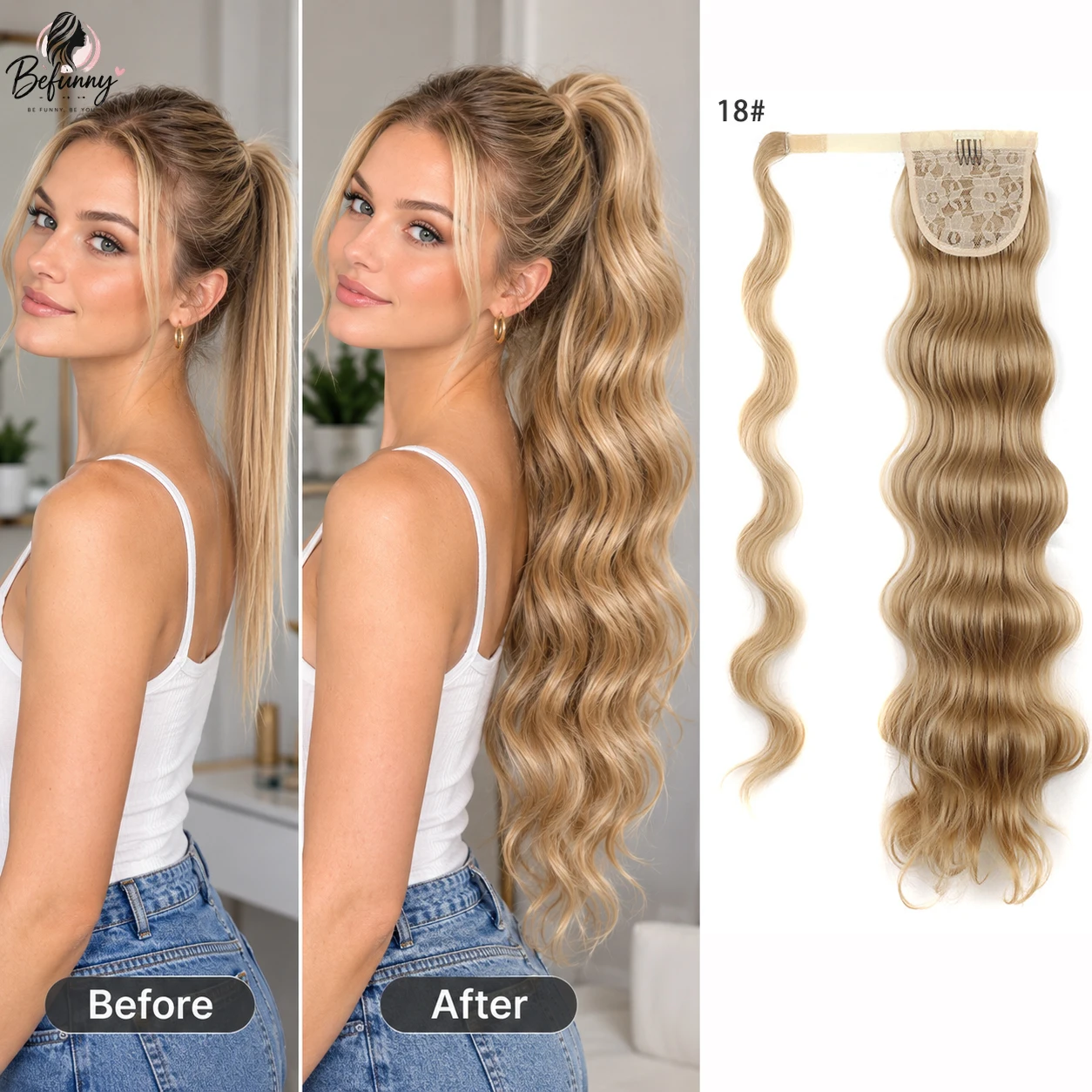24 Inch Body Wave Ponytail Extension Magic Hook and Loop Wrap Around Wavy Hairpiece Curly Hair High Temperature Fiber Natural