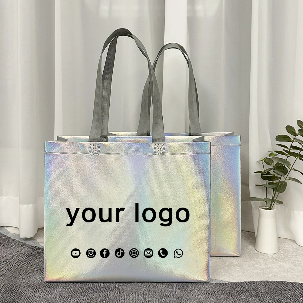

50/100pcs Double sided Print Logo Waterproof film non-woven fabric Gift Bag Laser fabric Shopping Eco Bag Customized Logo