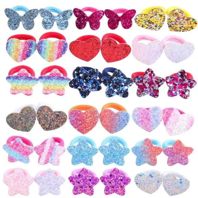 2pcs New Girls High Stretch Towel Loop Rainbow Gradient Five-pointed Star Love Sequin Rubber Band Hair Loop Accessories Headwear