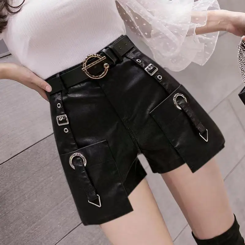 Korean Style Belt Buckle High-waisted Shorts 2026 Women Spring Summer Wide Leg PU Leather Shorts High Street Motorcycle Shorts