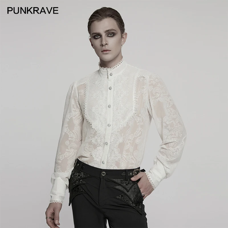 PUNK RAVE Men's Gothic Embroidered Chiffon Romantic Aesthetic Shirt Mysterious Charm Party Elegant Tops 2 Colors Available