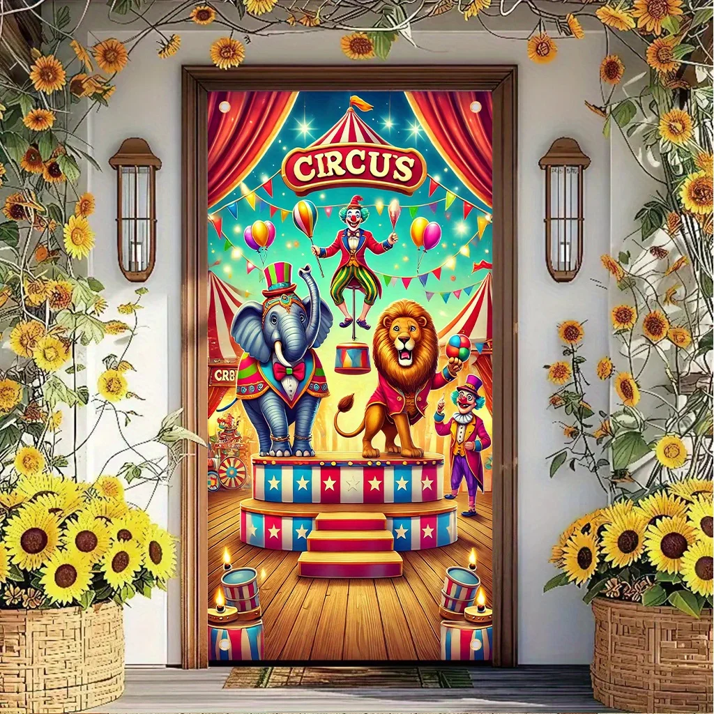 Cortina de puerta 2D de 1 pieza - Poliéster con temática de circo de colores vivos - Presenta diseños de elefantes, leones y payasos coloridos