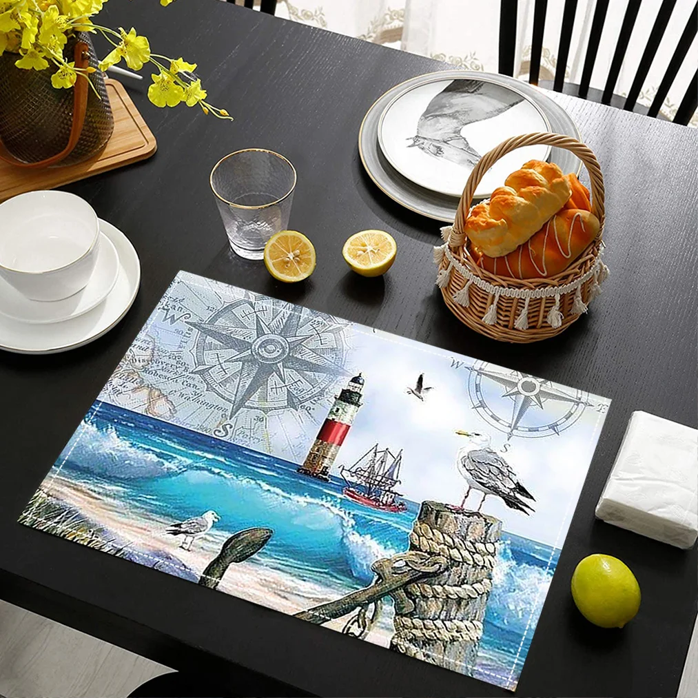 1-Pack Linen Placemats,Nautical Sea Lighthouse & Shells Design, Washable Kitchen Dining Decor