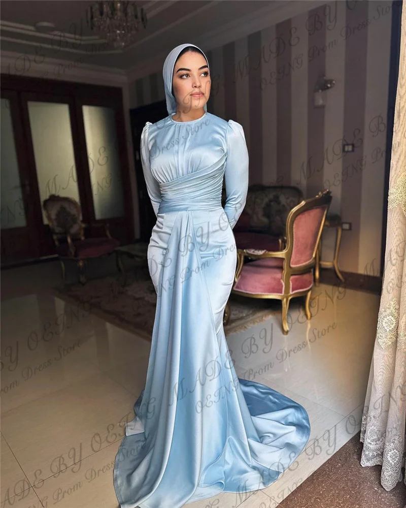 OEING Simple Women Mermaid Evening Dresses Sky Blue Muslim Arabic High Neck Long Sleeves Pleated Saudi Formal Silk Prom Gowns