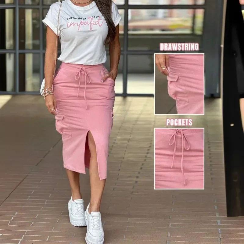 Heart Perfectly Imperfect Print Top & Slit Pocket Design Skirt Set Women Short Sleeve T Shirt High Waist Skirt Clothes Suit