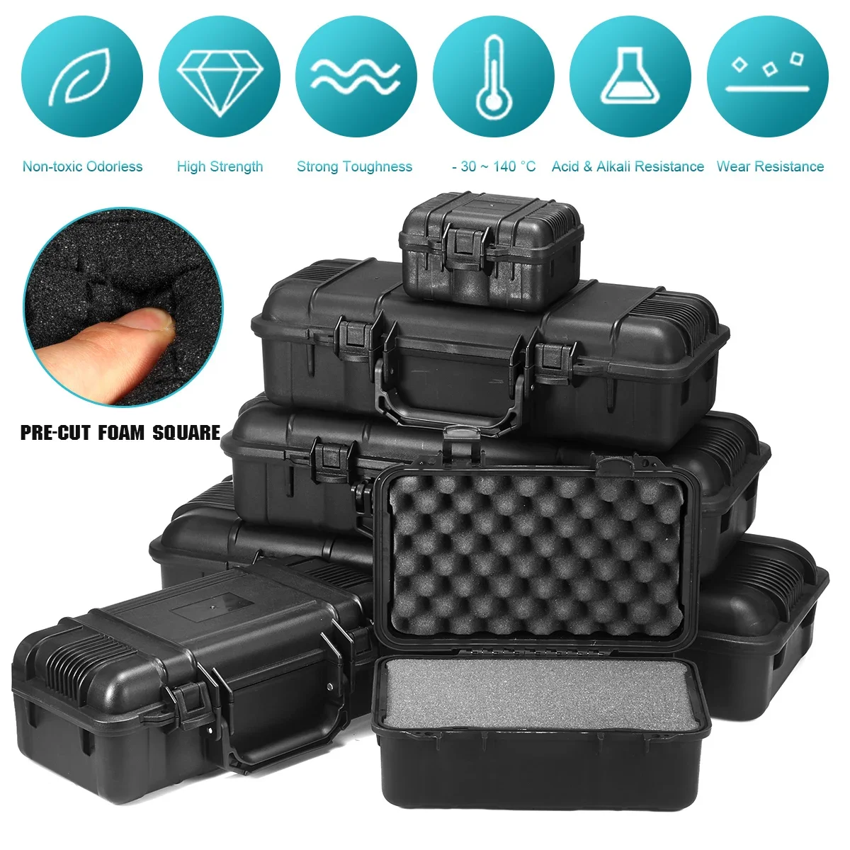 Waterproof 6 Sizes Black Hard Shell PP Carrying Case Portable Impactproof Shockproof Tool Holder Sponge Box