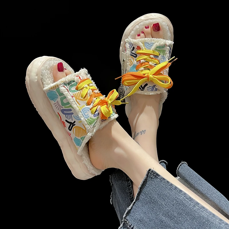 

Women Slippers Winter Plush Breathable Slippers Sandals Flat Women Canvas Casual Shoes Lace Up Flip Flops Mules Shoes for Women