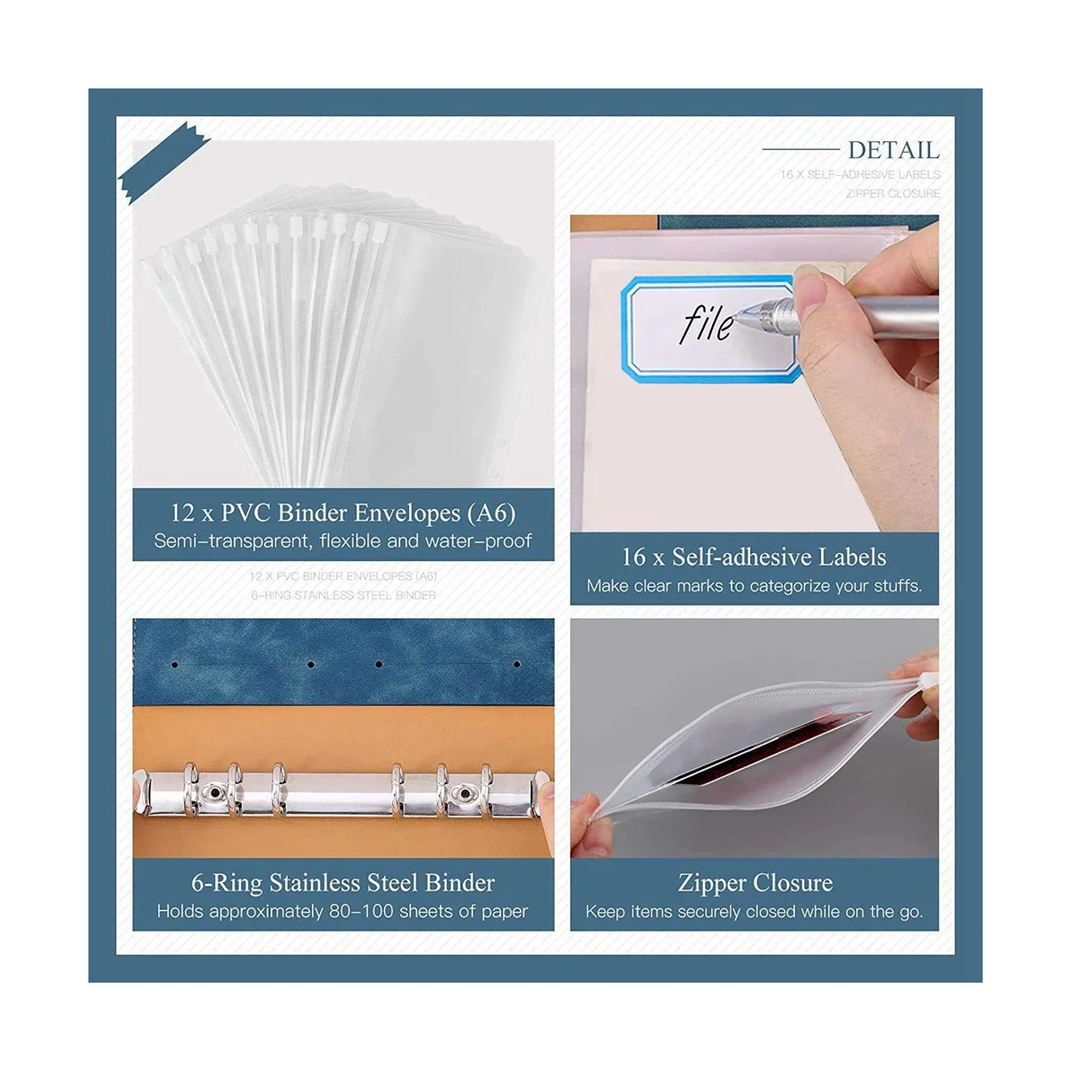 غطاء الموثق الدفتري مع بلاستيك شفاف ، 6 حلقات ، جلد صناعي ، A6 ، حقيبة مغلف ، أزرق