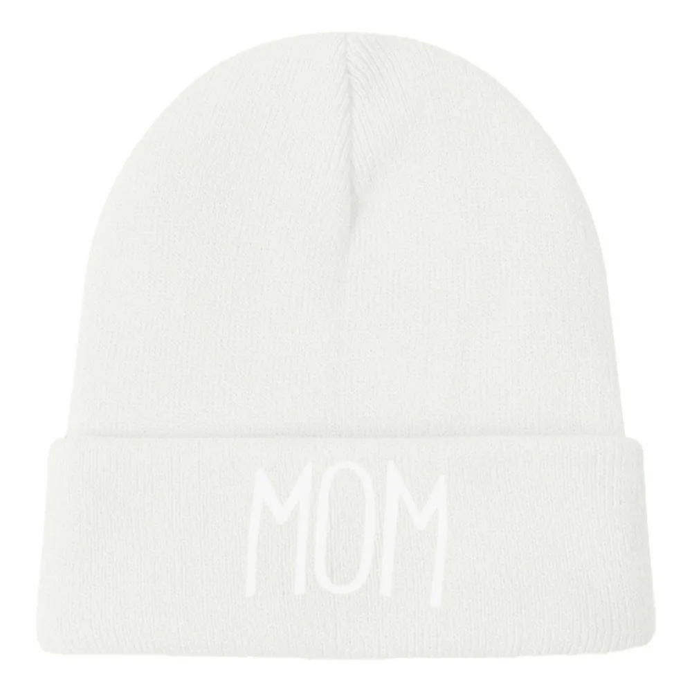 Stretch Cuffed MOM DAD Knit Beanie Family Matching Soft Parent Skull Cap Elastic Turn-Up Brim Cursive Letter Embroidery