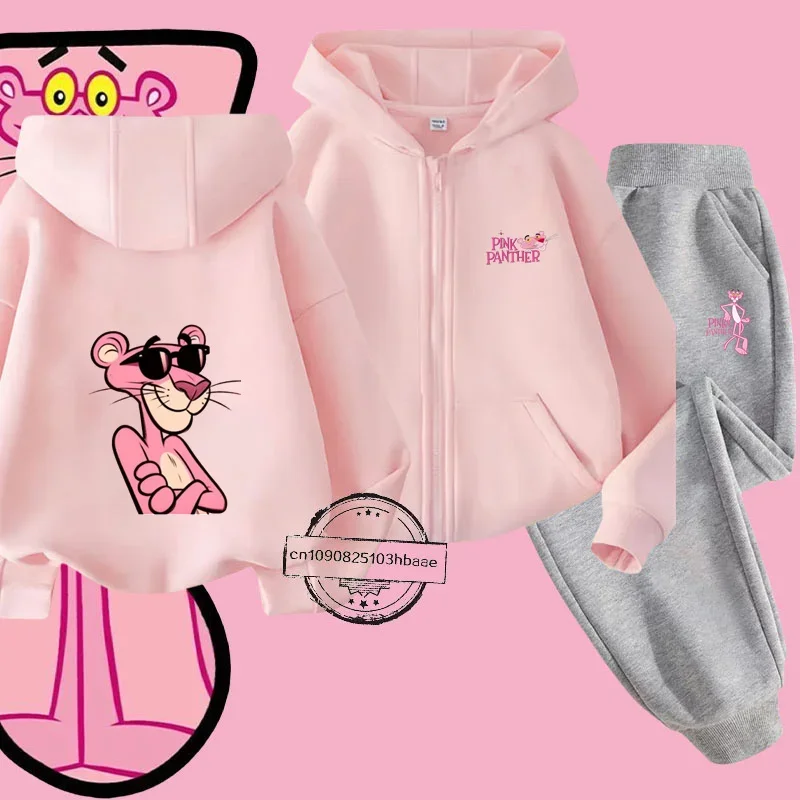 Pink Panther autumn and winter new cartoon children's hoodie set cartoon cartoon printed street casual zipper shirt sports top