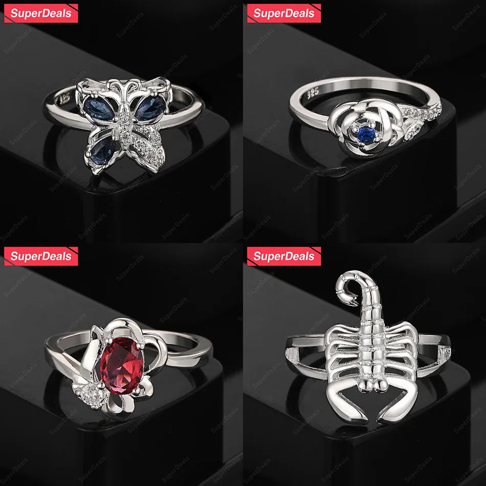 

SuperDeals 925 Sterling Silver Butterfly Flower Scorpion Ring Classic Beautiful Zircon Jewelry Women Engagement Wedding Party