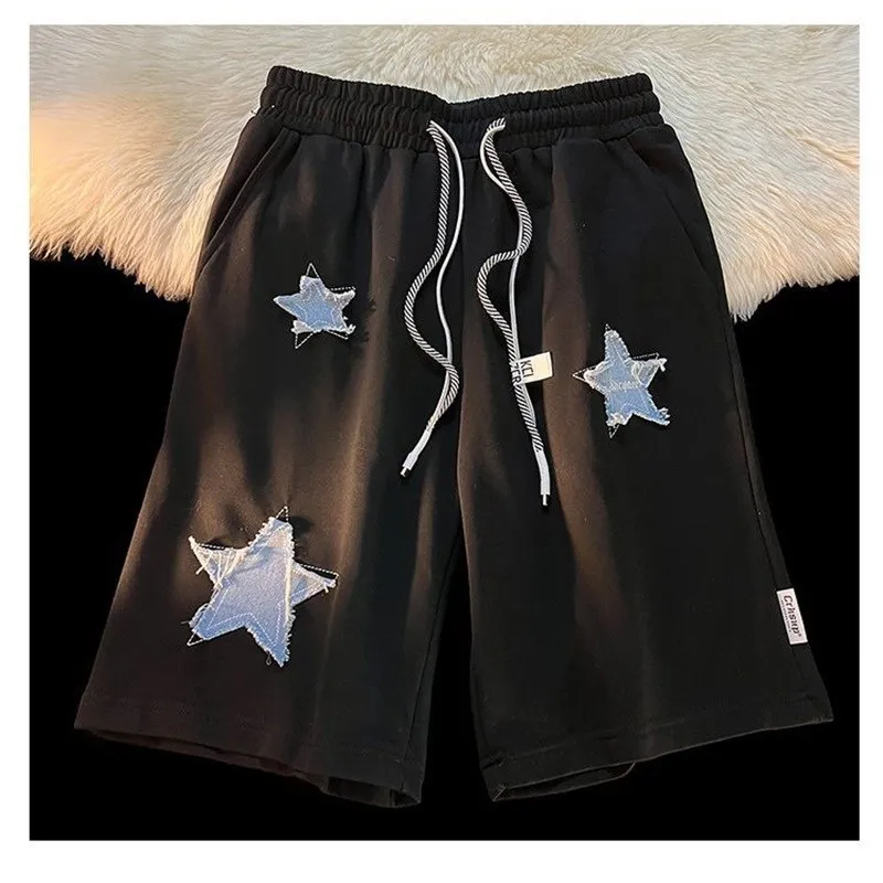 Summer Star Embroidered Shorts for Men and Women Couples Same Y2K Retro Harajuku Style Straight Tube Loose Sport Casual Shorts