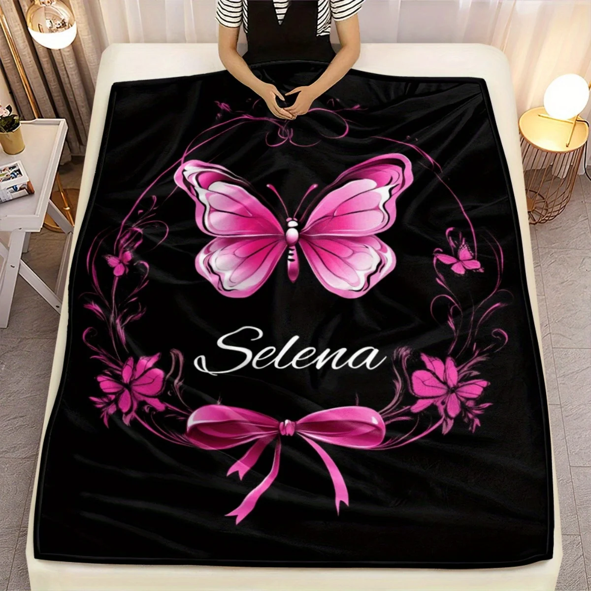 Personalized Pink Butterfly & Floral Luxury Blanket - Custom Name/Text - Soft Flannel Fabric - Elegant Black & Pink Design