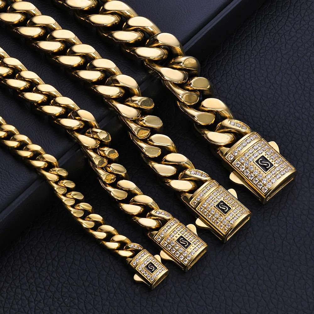 HHIOK 7/9/11/13mm Stainless Steel Cuban Necklace Iced Four sided Grinding Diamond Buckle Hip Hop 14k Gold Monaco Necklace