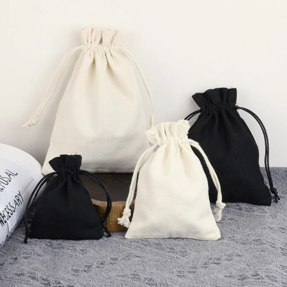 50pcs New Cotton Drawstring Bags 8x10 10x14 12x15cm White Black Natural Cotton Christmas Wedding Gift Package Pouches Canvas Bag