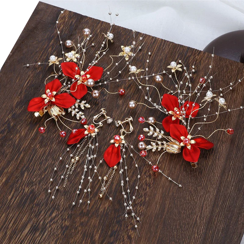 

Women Wedding Hair Accessories Red Wreath Flower Tiaras Crown Flower Floral Hairband Headband+Earring For Women Girls Bridal