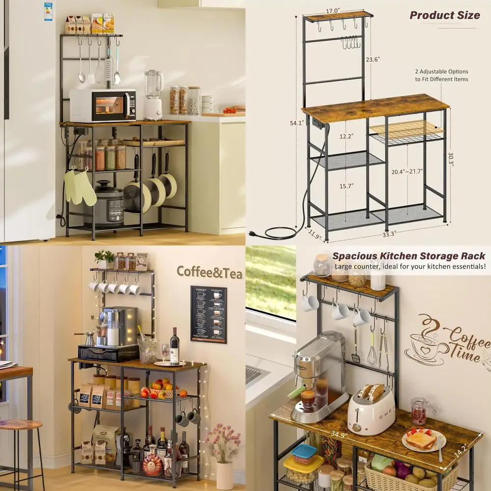 

Кофейный бар в деревенском стиле, коричневый, 6-ярусный, с подставкой для микроволновки и полкой для специй, 10 крючков