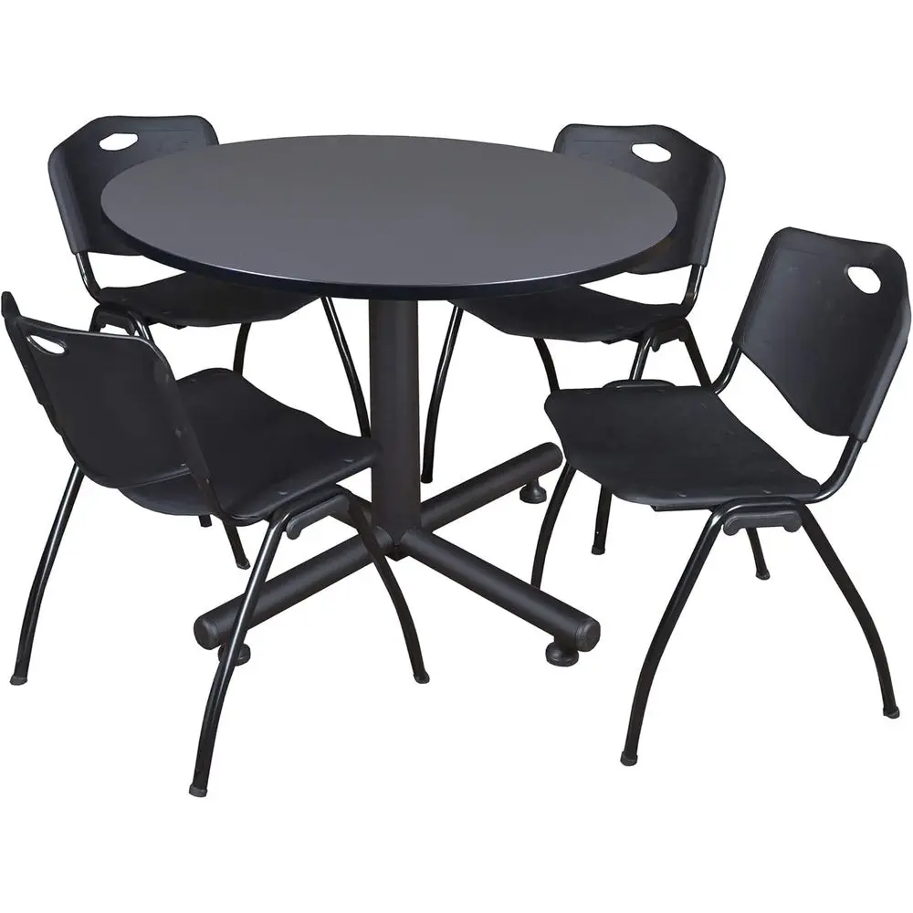 

48 Grey Circular Dining Table with 4 Black Stackable Stools