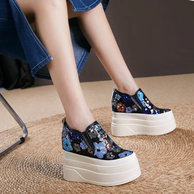 Fujin 13cm New Air Mesh piattaforma sintetica Wedge Summer Slip on Flats Chunky Sneaker Casual Bling Leather comode scarpe di marca alta