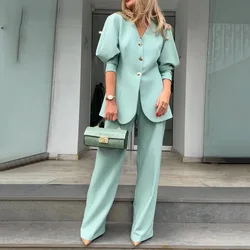 Women Elegant Pant Sets Two Piece Solid Button Lantern Sleeve Coats Splice Regular Long Pants Splice Office Lady Spring