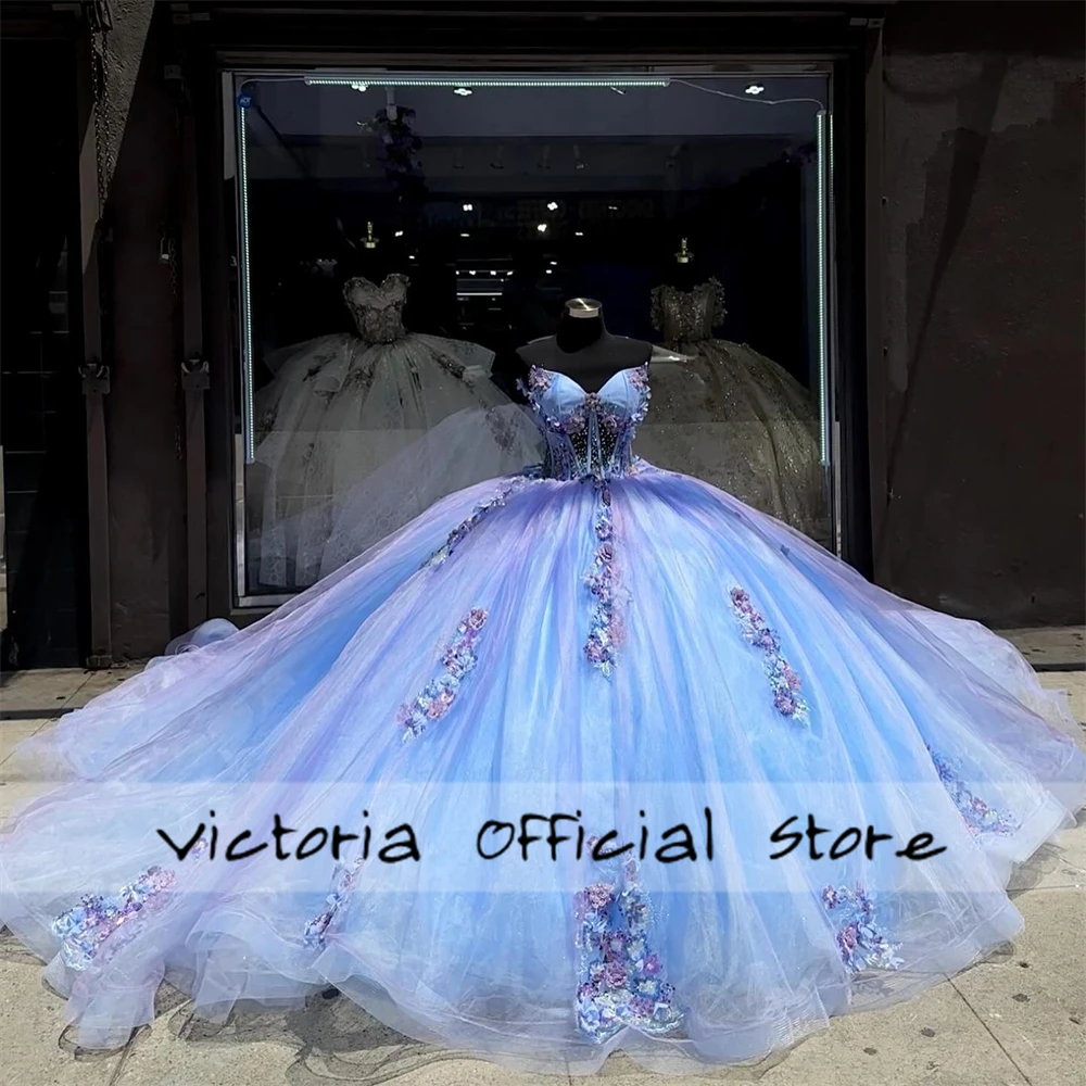 Dream Purple And Blue Lace Applique Sweetheart Quinceanera Dresses Ball Gown Mexican Sweet Sixteen Dress Wedding Gowns Corset