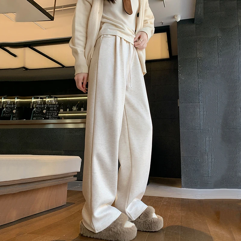 Pantaloni a gamba larga dritti a vita alta Donna Autunno Inverno Addensare Peluche Pantaloni caldi in peluche Donna Pantaloni casual larghi con lacci Donna