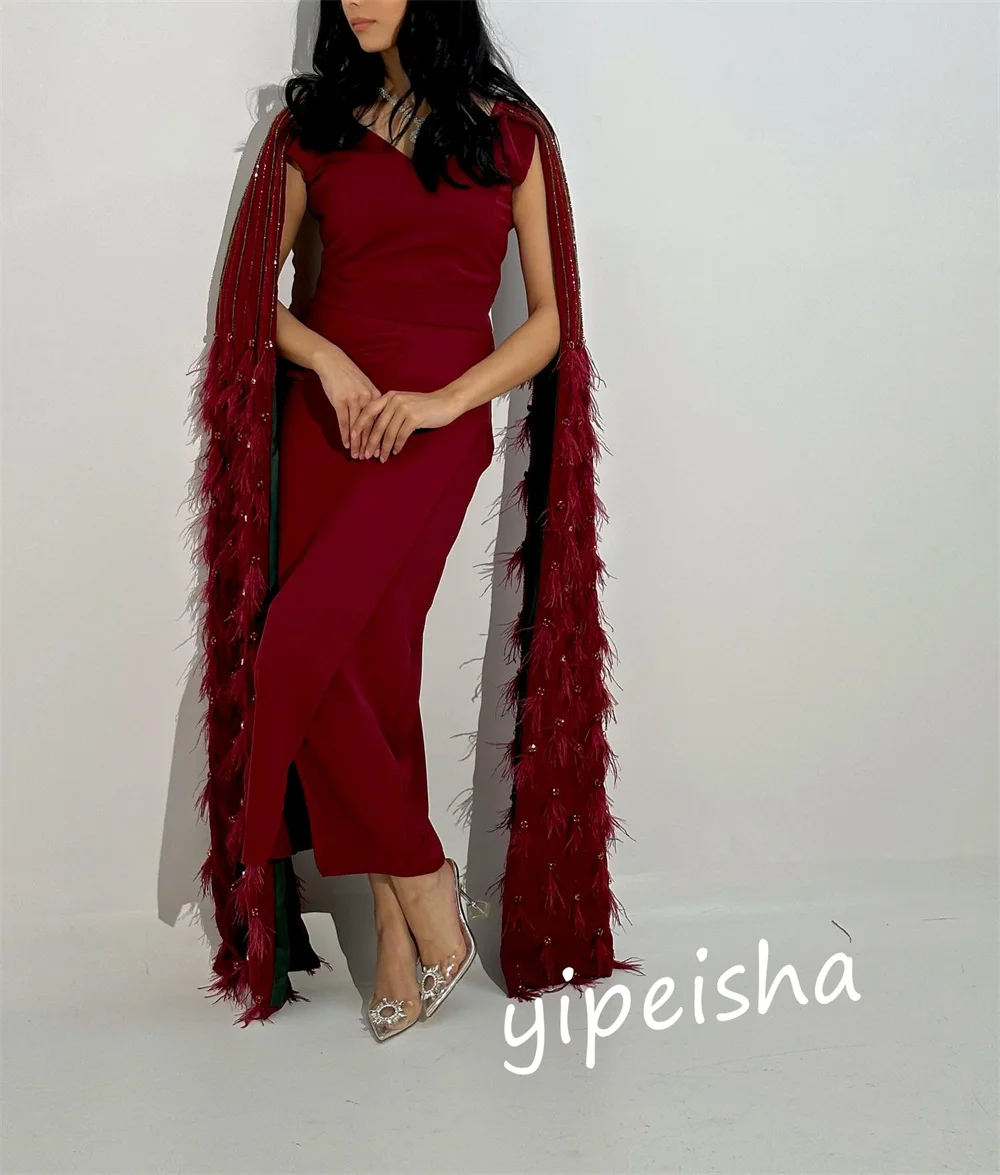 Customized  Evening    Jersey Feather Engagement Sheath V-neck Bespoke Occasion Gown Midi es Saudi Arabia