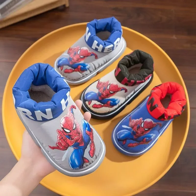 Winter Plush Slippers Children's Cartoon Marvel Spiderman Print Non-slip Soft Kid Boy Girl Heel Wrap Warm High Home Cotton Shoes