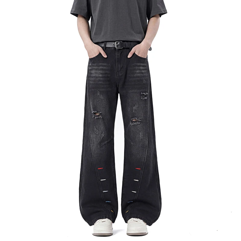 Black Jeans For Men Distressed Denim Pants Loose Straight Casual Trousers Destroyed Jeans Patchwork Vintage Mid Waist