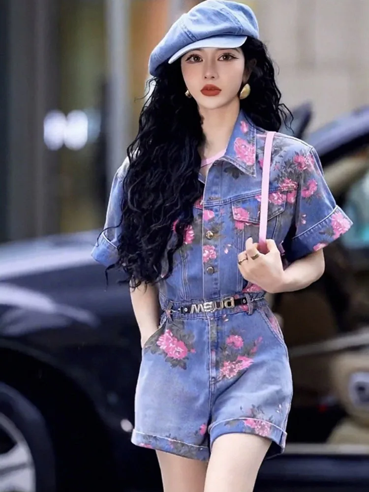 

Women Flower Print Denim Shorts Jumpsuit Fashion Ladies Wide Leg Romper Playsuit Casual Lapel Short Sleeve Pockets Overalls