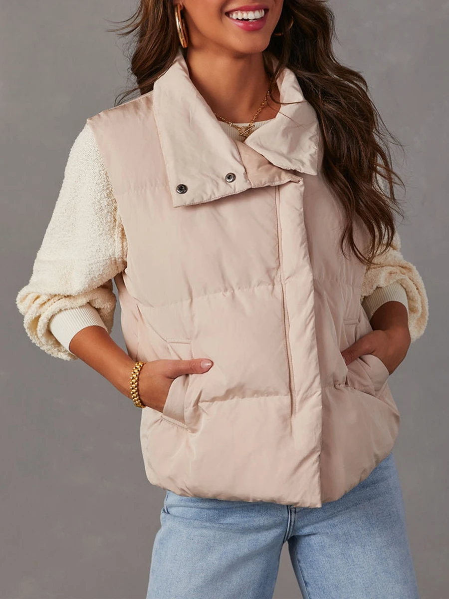 

Winter Quilted Vest Women Casual Sleeveless Zipper Stand Collar Solid Color Crop Waistcoat with Pockets Warm Outwear Streetwear