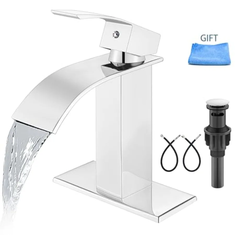 

Bathroom Faucet Single Handle 1 Hole Deck Mount Lavatory Vanity RV Sink Mixer Basin Tap with Cover Plate and Pop Up Drain Assem