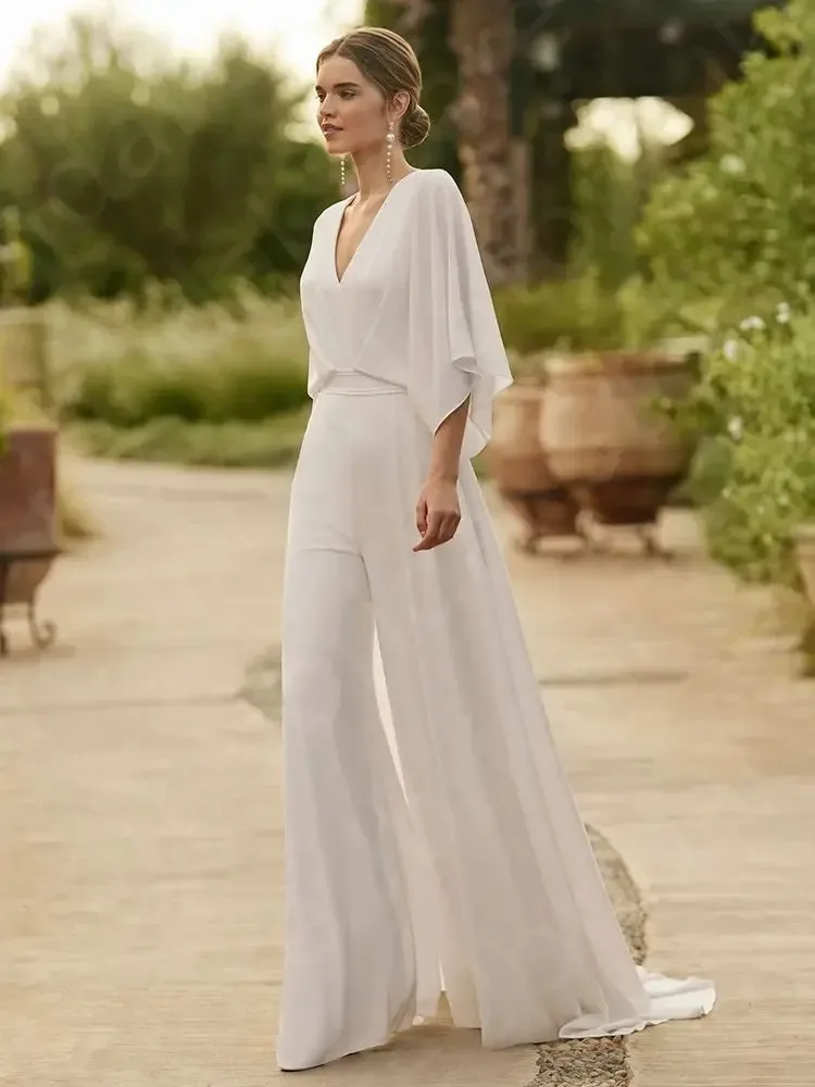 Simple Chiffion Wedding Dresses jumpsuit V-neck Half Batwing Sleeves Backless Beach Bridal Gown Boho Vestido De Novia