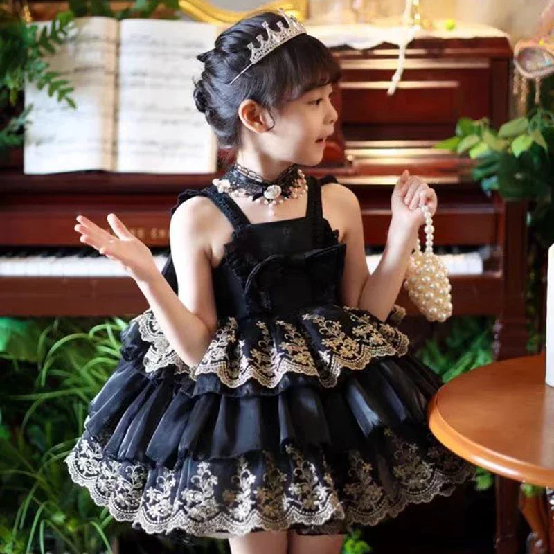 

Летнее бальное платье в стиле Лолиты, детский комплект, элегантное черное кружевное многослойное платье принцессы для дня рождения, детская марлевая одежда, сарафан