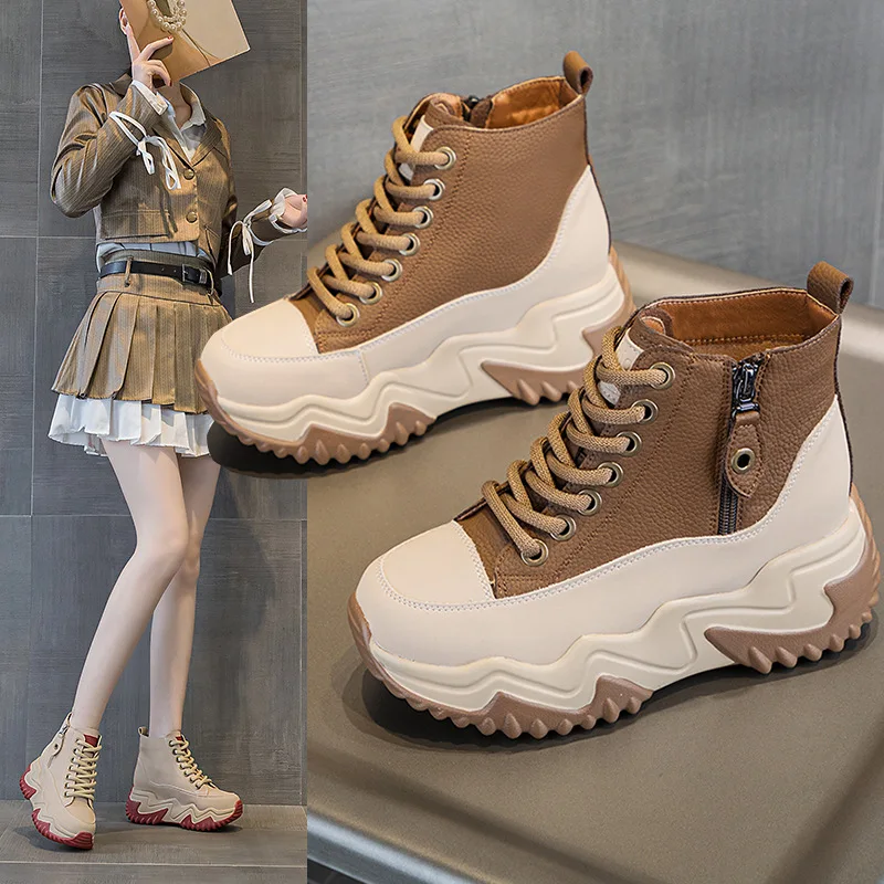 

Elevated Casual Cotton Shoes Autumn and Winter New Thick Sole 7cm Trend Short Boots Lace up Zipper High Top Women's Shoes