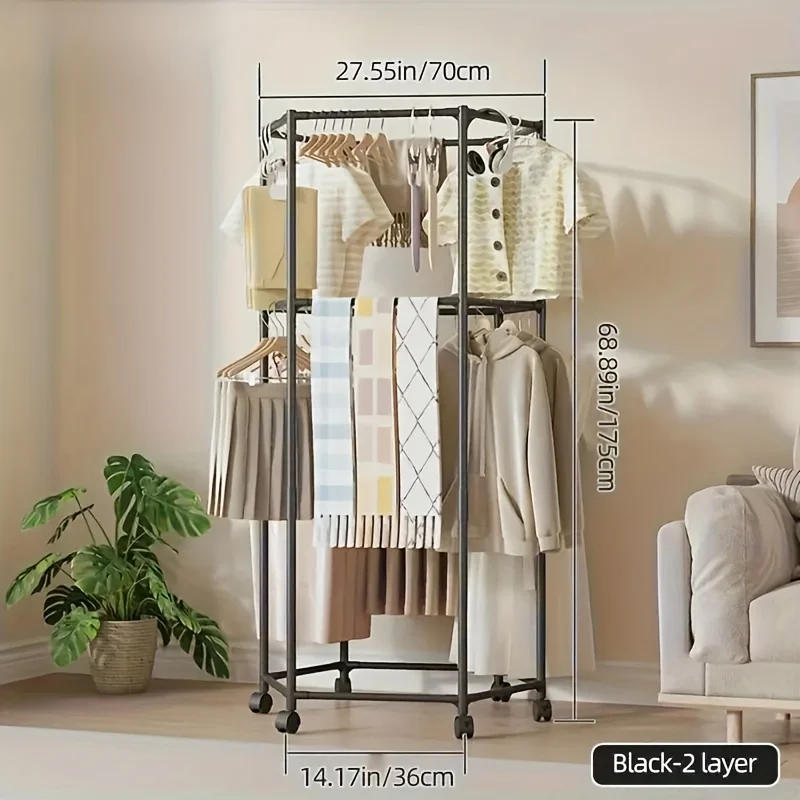 Hexagonal Rotating Clothes Rack with Wheels, Double-Layer Clothes Rack, Household Clothes Rack, Movable, Nail-Free Installation, Multifunctional, Thickened Design, Suitable for Any Place, Stable Independent Hanging Rack, Portable Design, Efficient Clothing Storage and Display, Black/White, Laundry Room Organizer |   Hexagonal Design |   Metal Structure