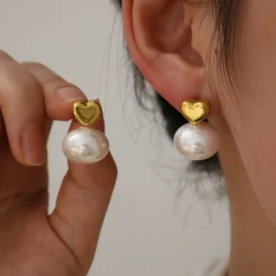 Light Cozy 18K PVD Plated Stainless Steel Pearl Bowknot Hanging love Heart Pendant Earrings Trendy Women Premium Jewelry