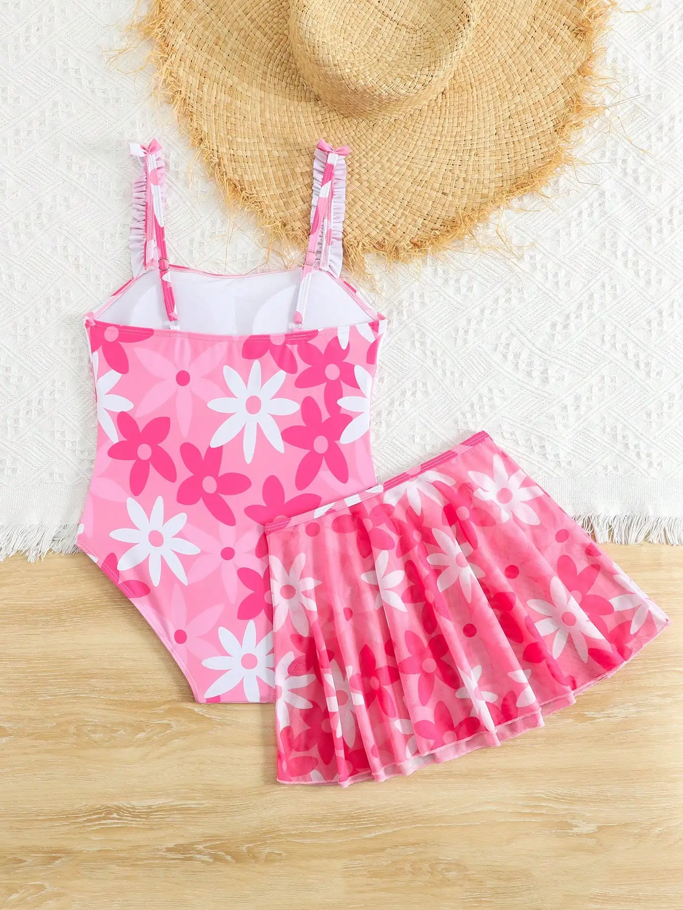 Girl's One Piece Floral Print Ruffle Strap 7-14 Years Summer Beach Vacation Pool Practice Quick Dry Princess Mesh Skirt Sets