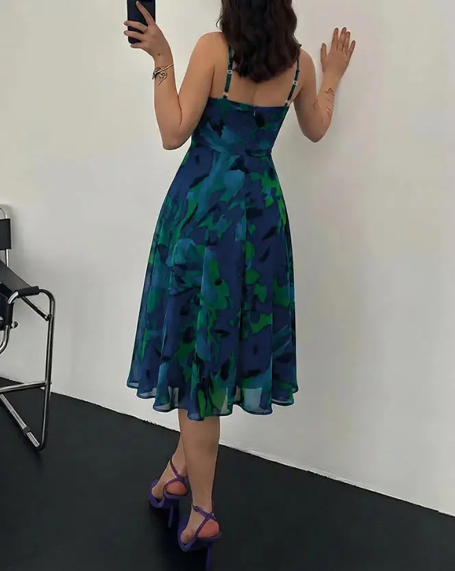 

Women's Printed Camisole V-Neck Dress, Round Neck Adjustable Shoulder Strap, High Waisted A-Line Dress, Back Zipper