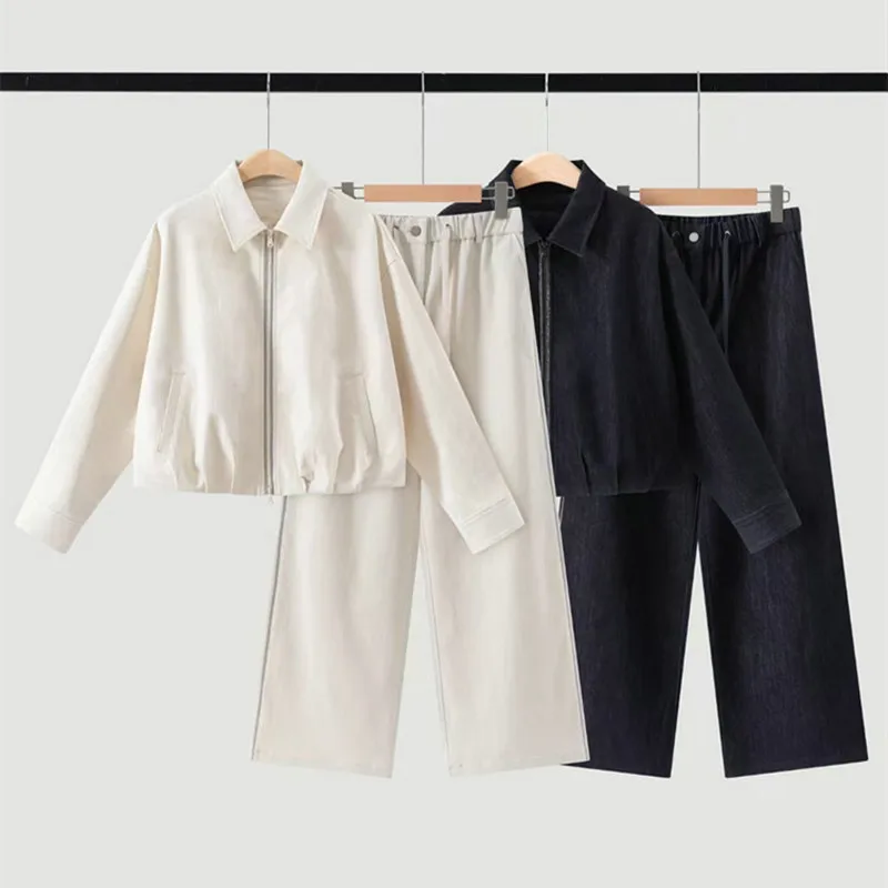 Women's 2026 Autumn Winter New Cotton Blended Casual Set Loose Wide Leg Pants with Short Zipper Jacket
