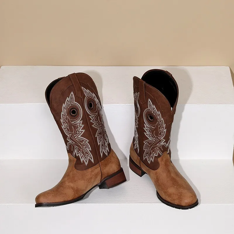 Retro Embroidered Colorblock Men Boots Slip-On Thick Low-Heel Women Ankle Botines Soft Leather Comfortable Western Cowboy Botas