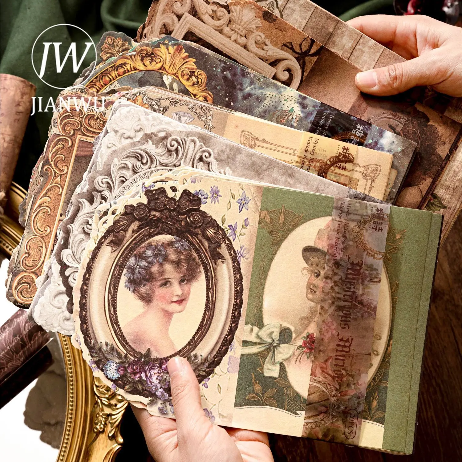 JIANWU 20 Sheets Mystery Mirror Series Vintage Border Decor Material Paper Creative DIY Junk Journal Collage Stationery