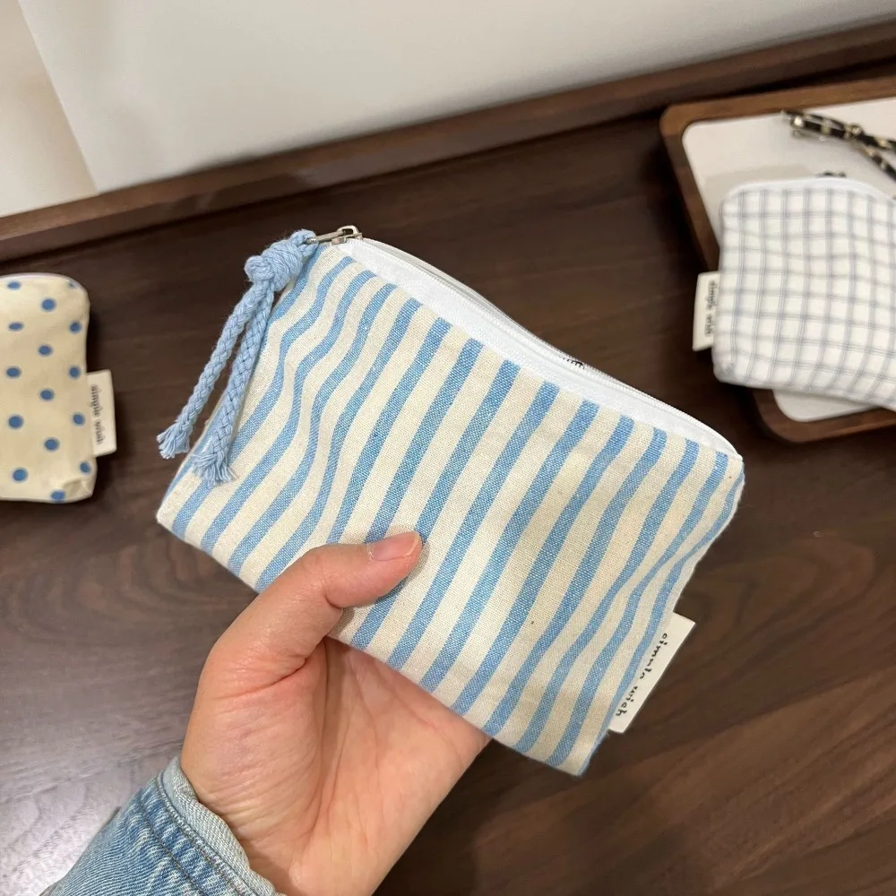 Portable Blue Striped Plaid Makeup Bag Mini Canvas Women's Wallet Coin Purse Cosmetic Organizer Bag